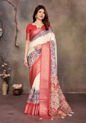 Cream Digital Print Dola Saree Set