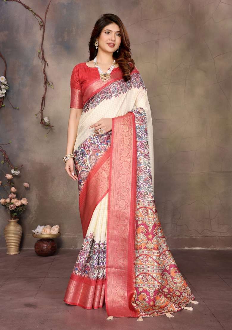 Cream Digital Print Dola Saree Set - Indya