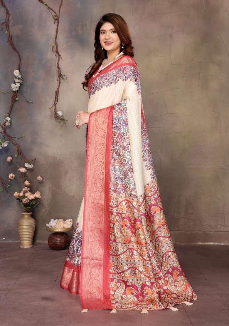 Cream Digital Print Dola Saree Set - Indya