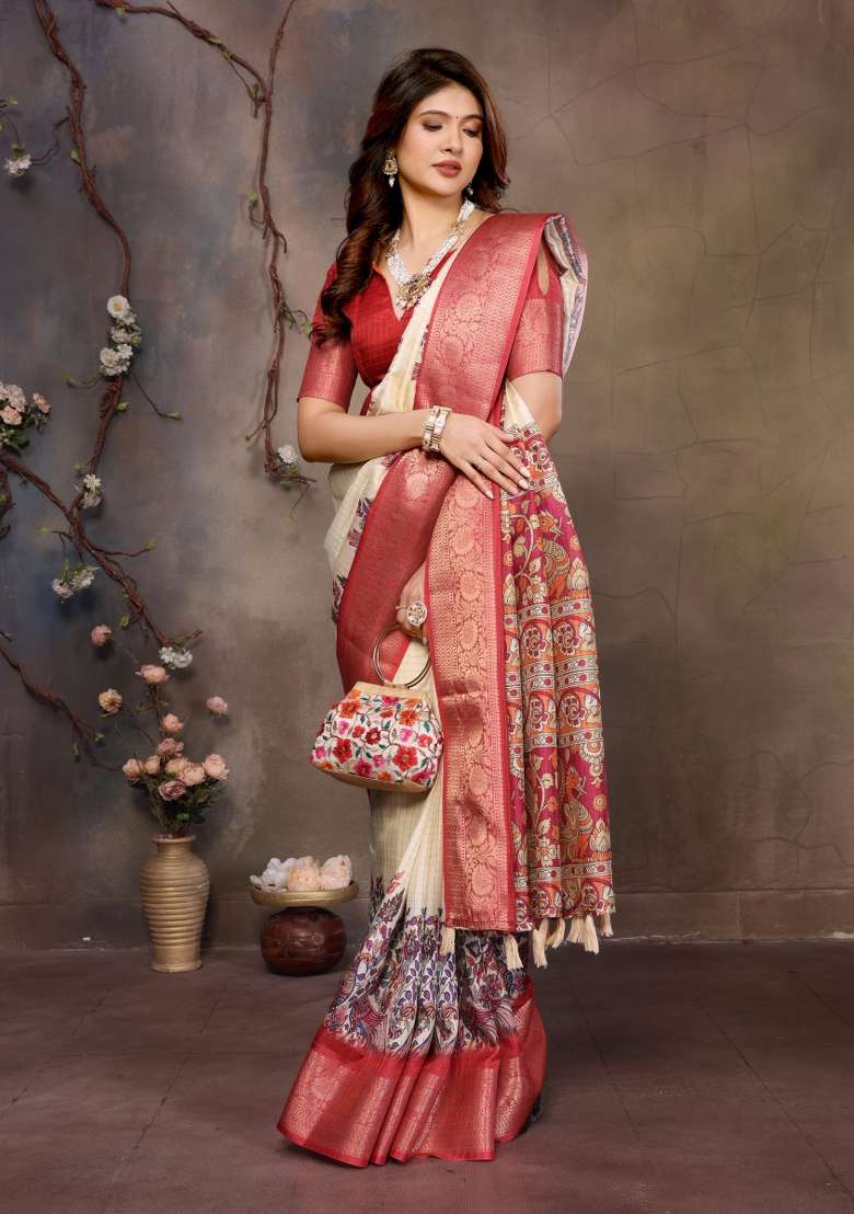 Cream Digital Print Dola Saree Set - Indya