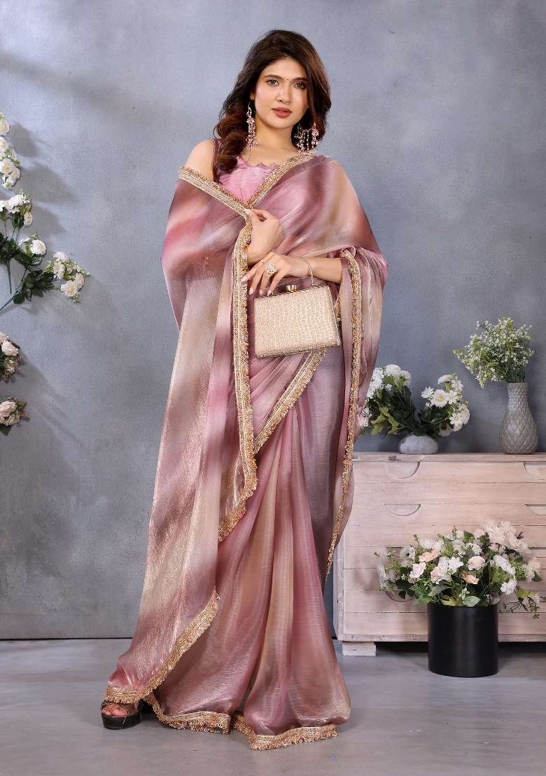 Purple Lace Work Chiffon Saree Set - Indya