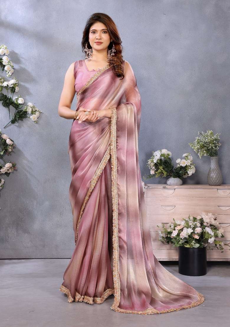 Purple Lace Work Chiffon Saree Set - Indya