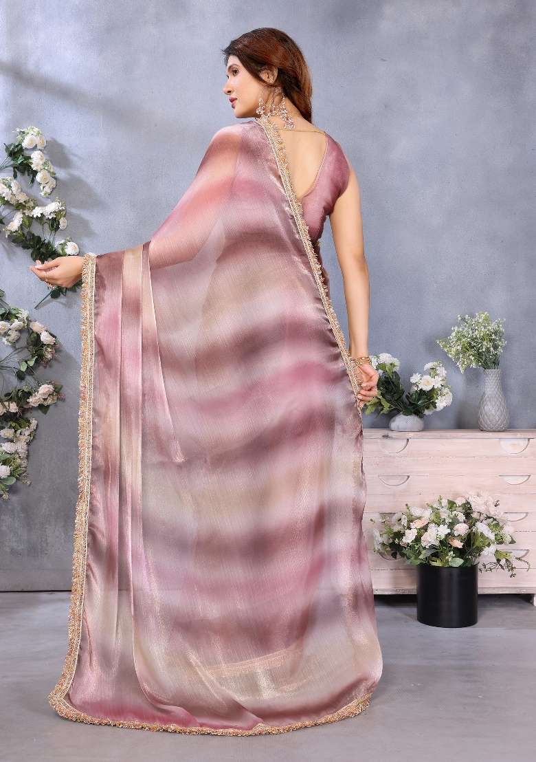 Purple Lace Work Chiffon Saree Set - Indya