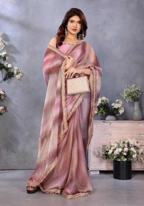 Purple Lace Work Chiffon Saree Set