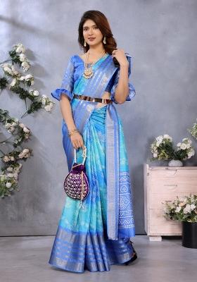 Blue Digital Print Dola Saree Set