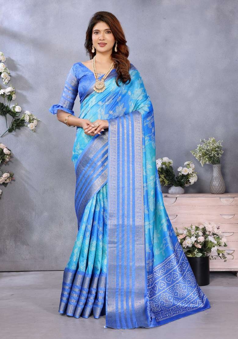 Blue Digital Print Dola Saree Set - Indya