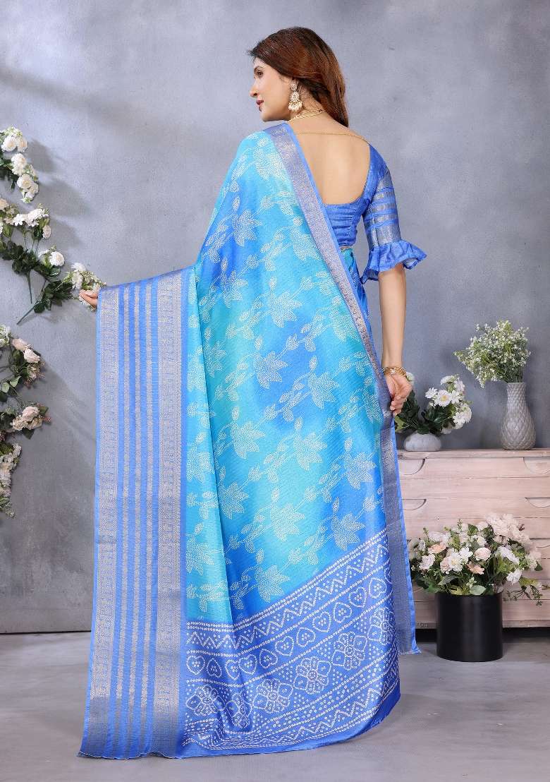 Blue Digital Print Dola Saree Set - Indya