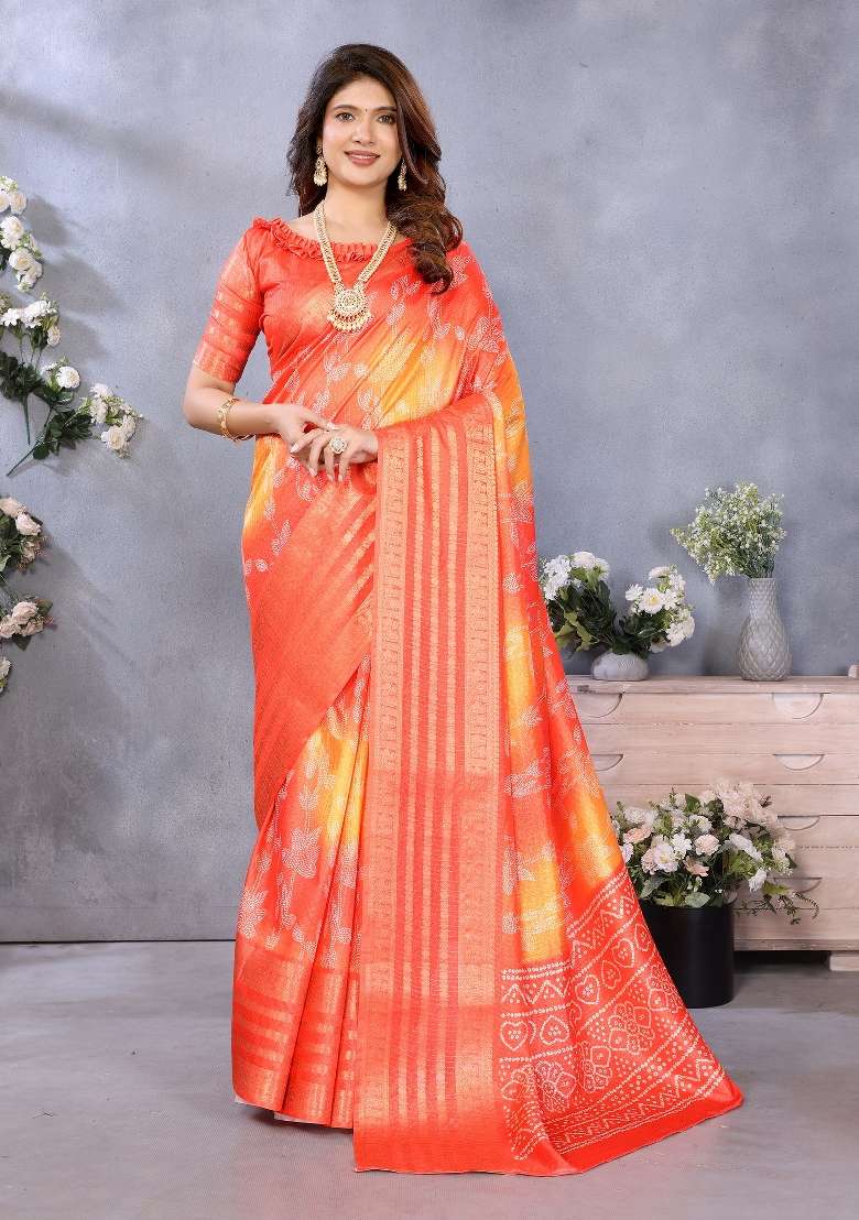 Orange Digital Print Dola Saree Set - Indya