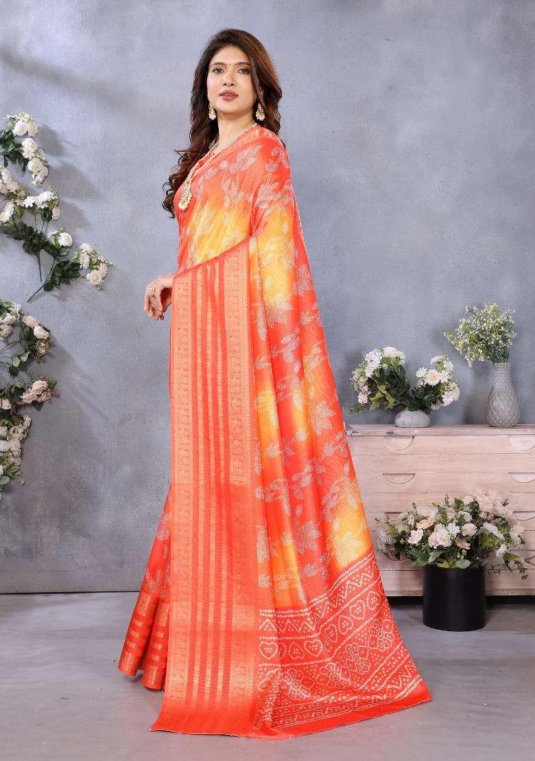 Orange Digital Print Dola Saree Set - Indya