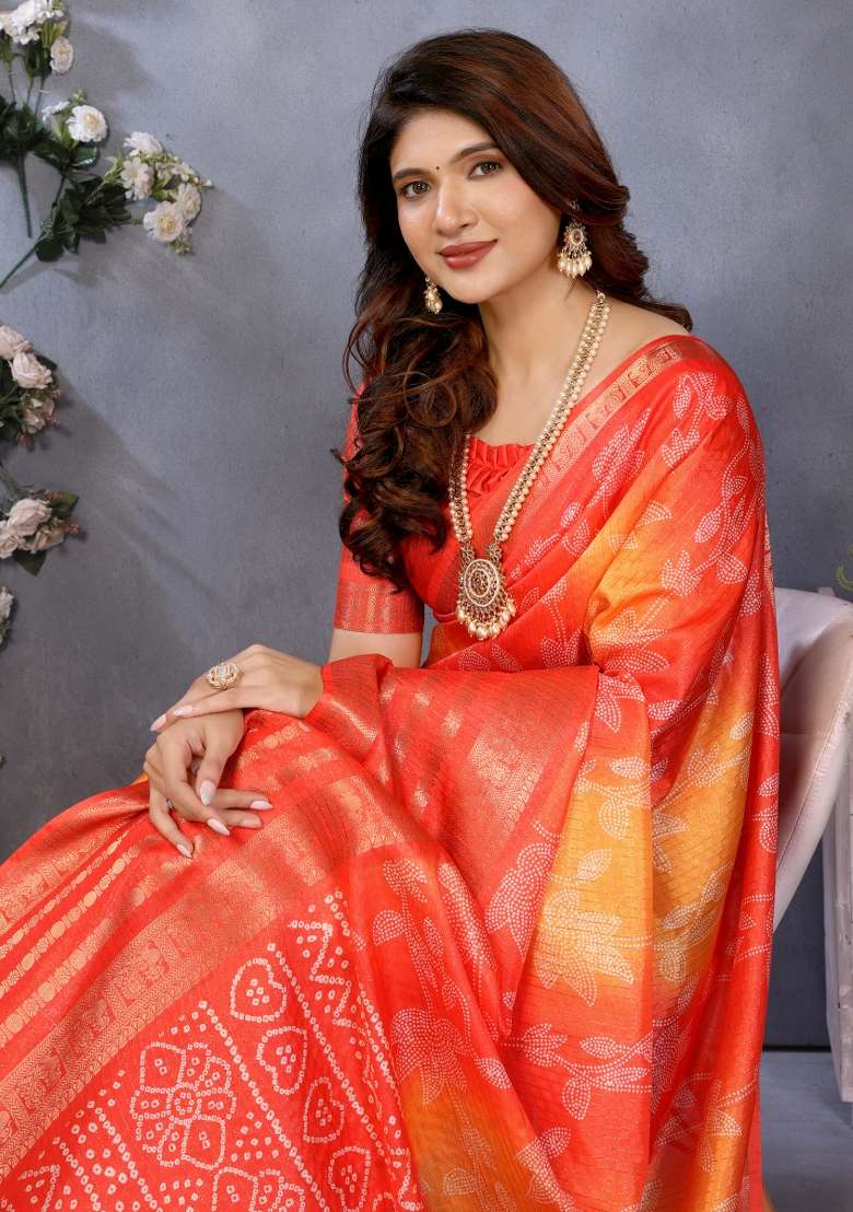 Orange Digital Print Dola Saree Set - Indya