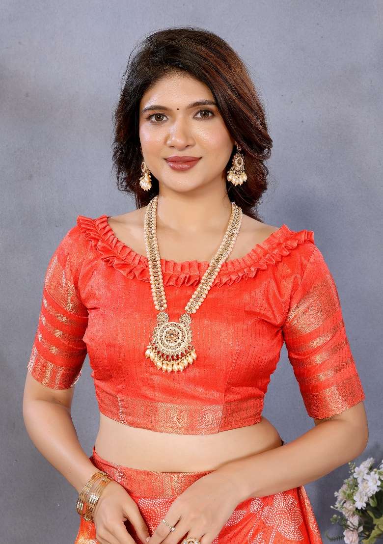 Orange Digital Print Dola Saree Set - Indya