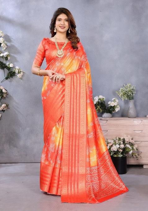 Orange Digital Print Dola Saree Set