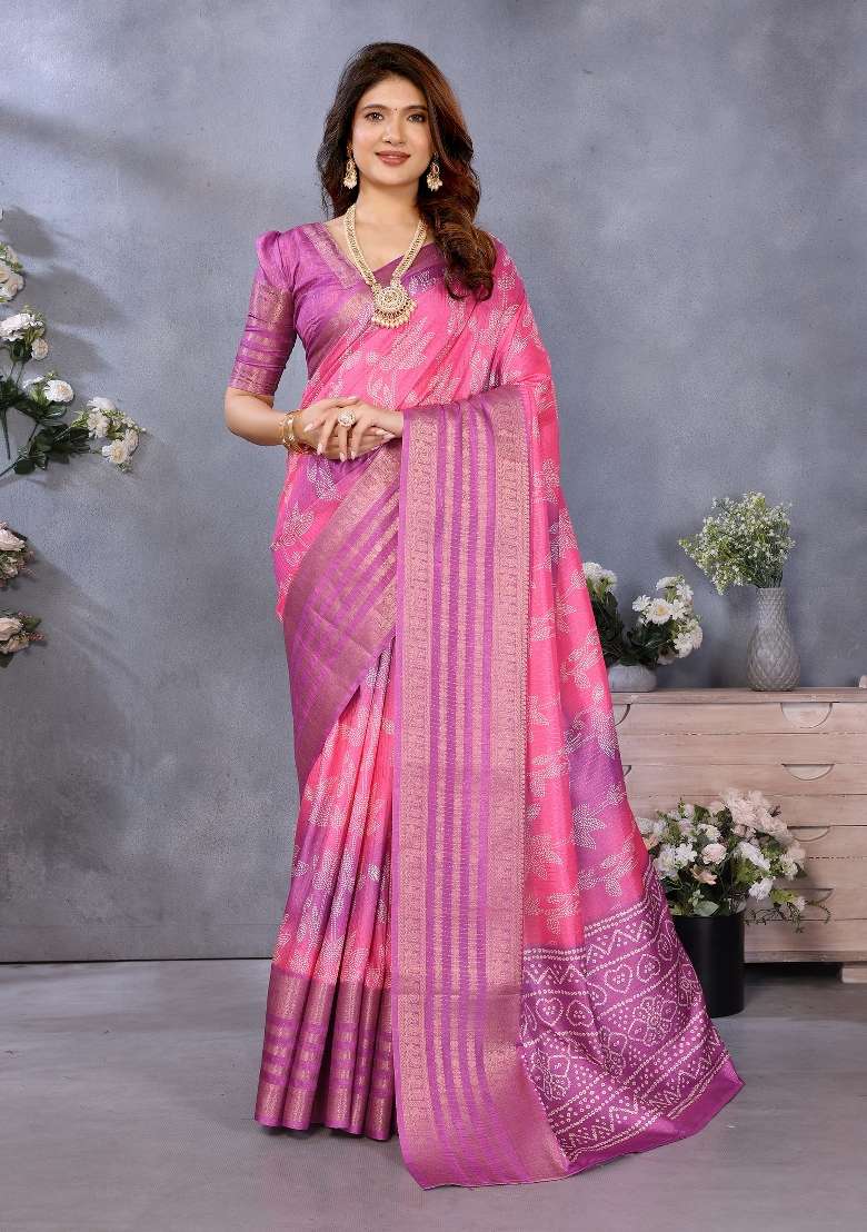 Pink Digital Print Dola Saree Set - Indya