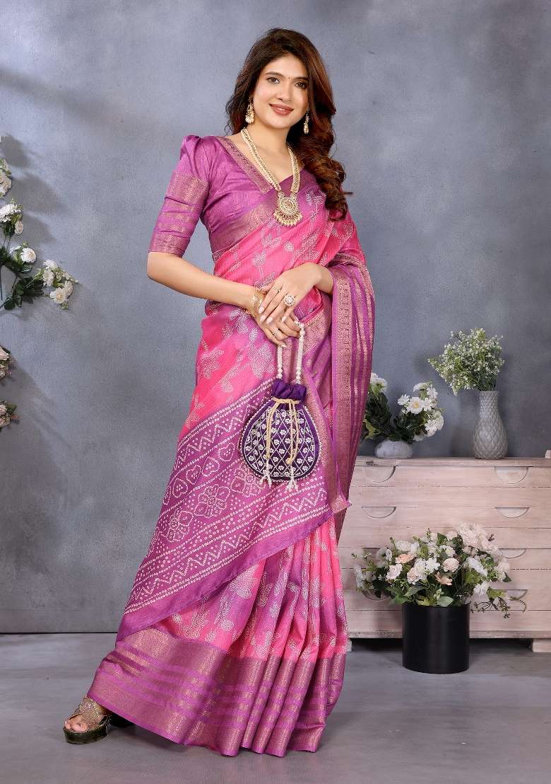 Pink Digital Print Dola Saree Set - Indya