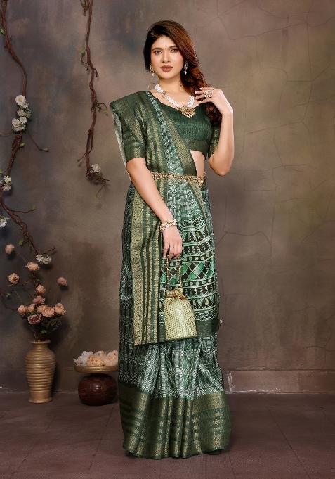 Green Digital Print Dola Saree Set