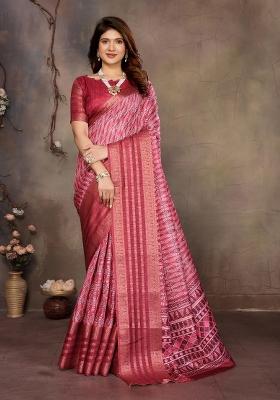 Maroon Digital Print Dola Saree Set