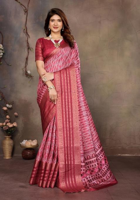 Maroon Digital Print Dola Saree Set