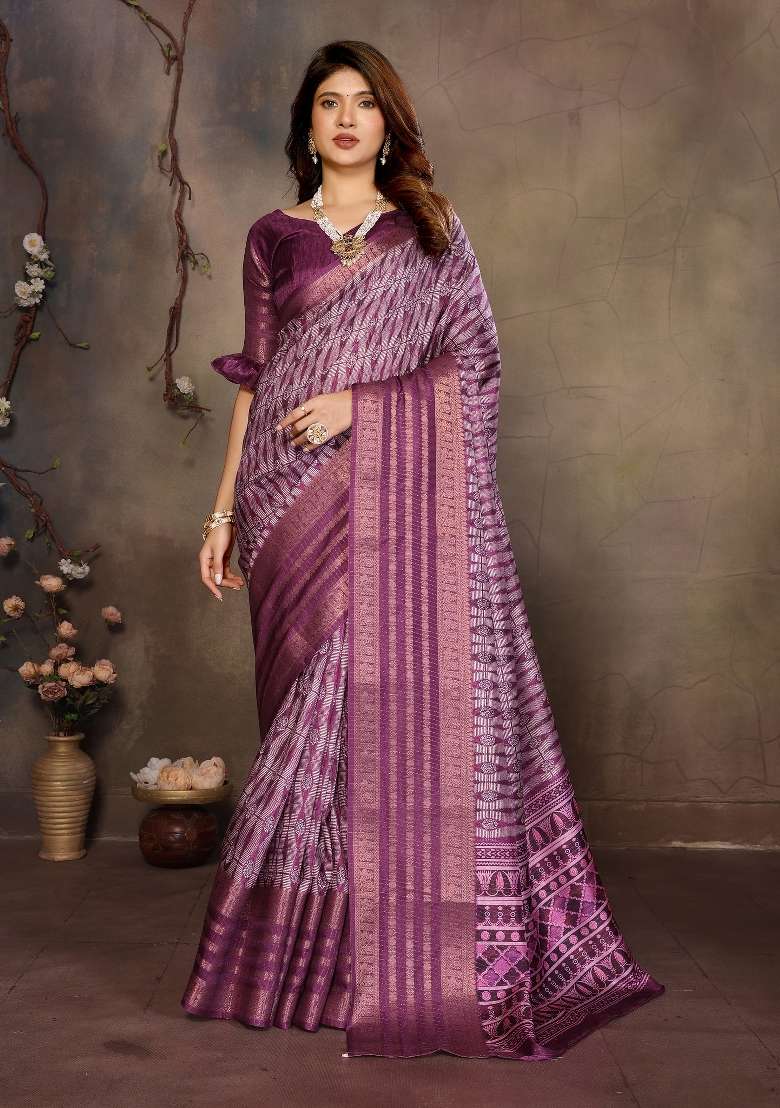 Purple Digital Print Dola Saree Set - Indya