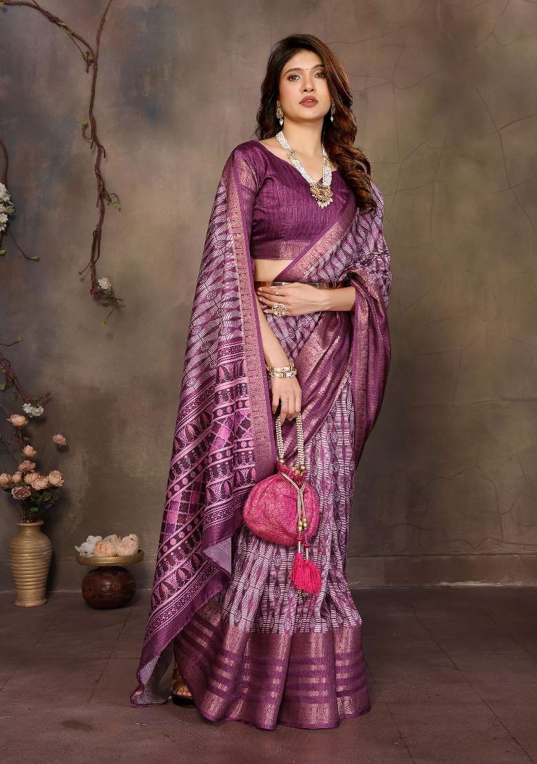 Purple Digital Print Dola Saree Set - Indya