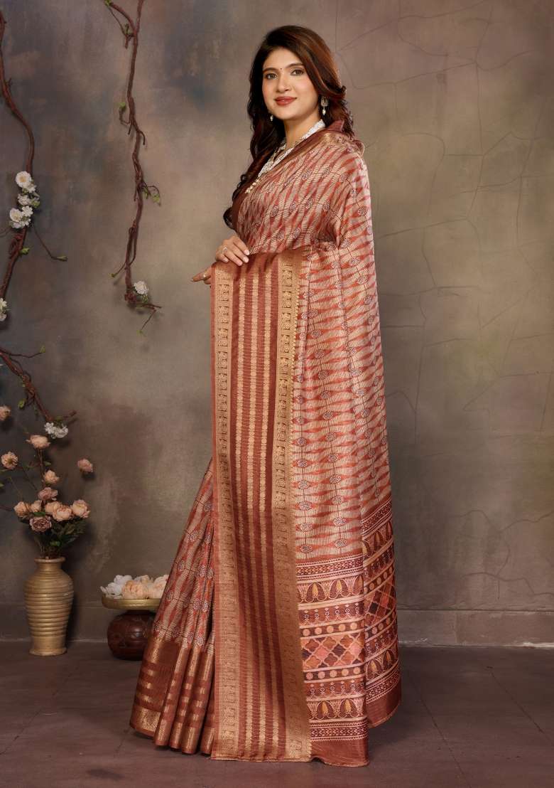 Brown Digital Print Dola Saree Set - Indya