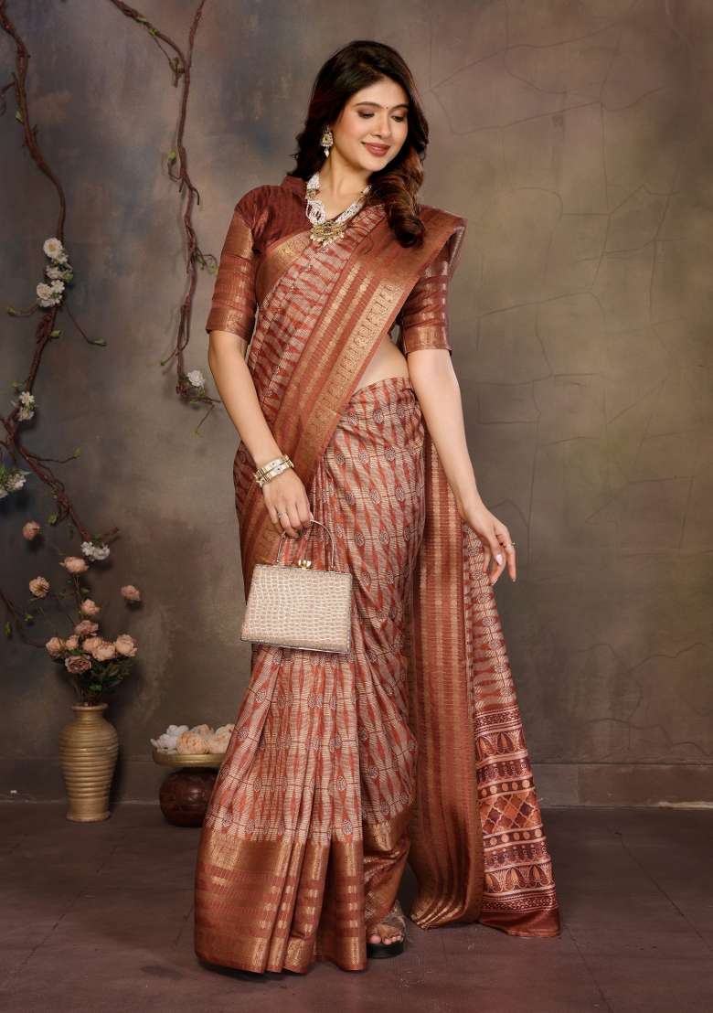 Brown Digital Print Dola Saree Set - Indya