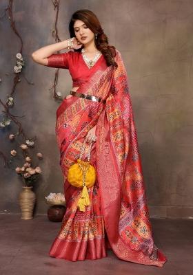 Maroon Digital Print Dola Saree Set