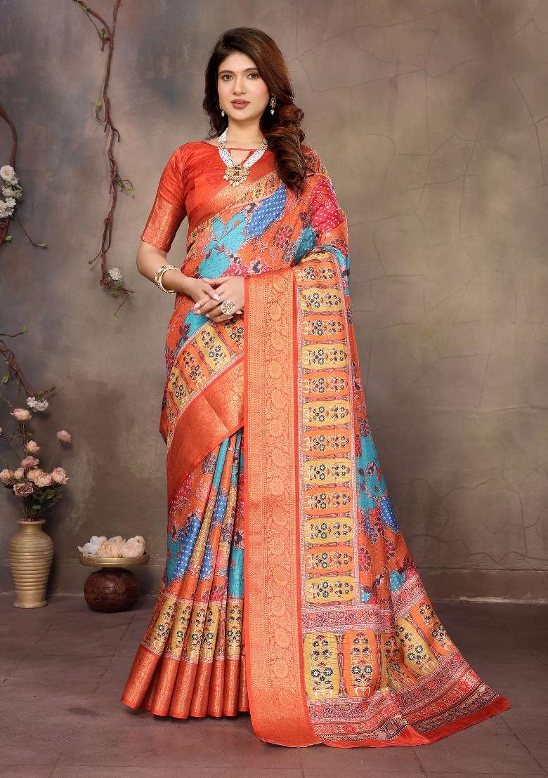 Mustard Digital Print Dola Saree Set - Indya