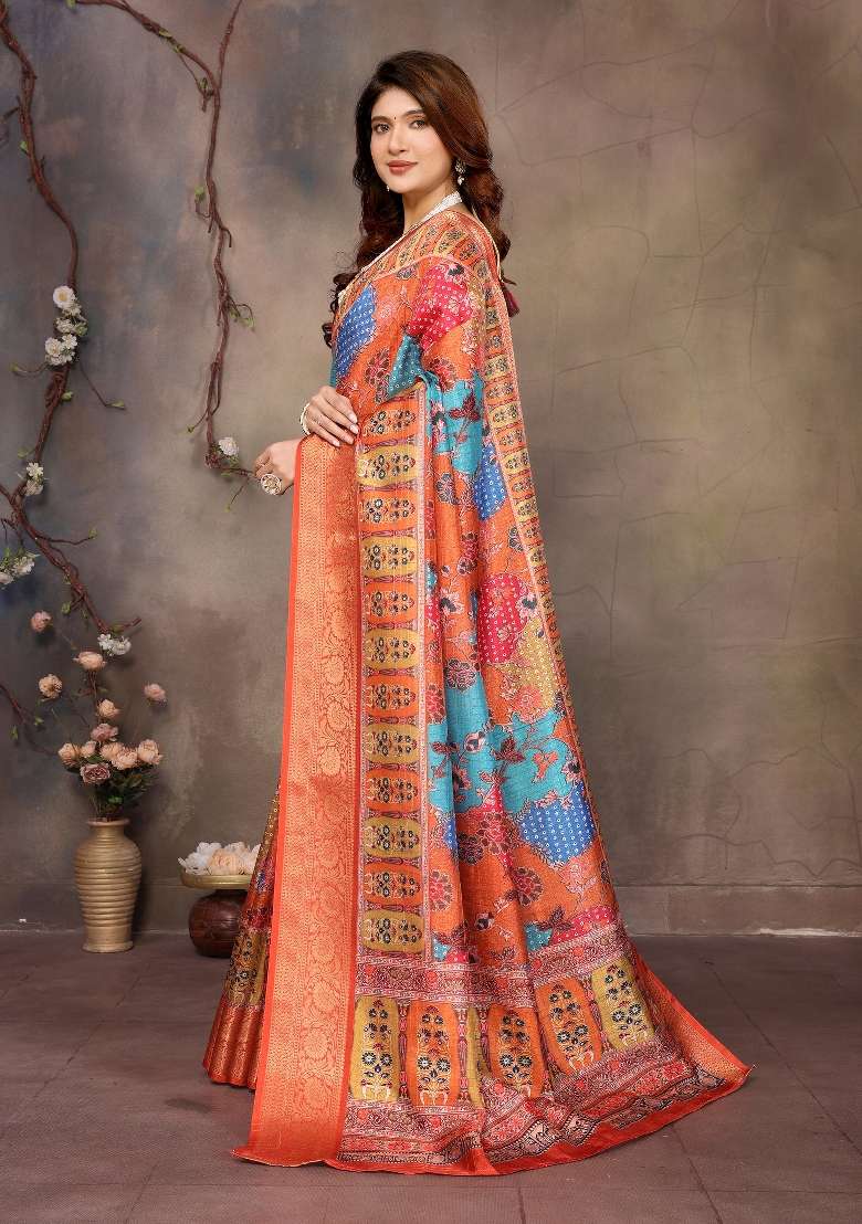 Mustard Digital Print Dola Saree Set - Indya