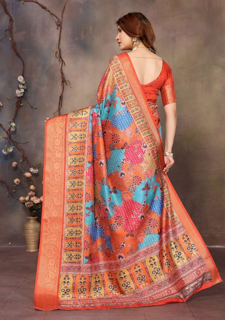 Mustard Digital Print Dola Saree Set - Indya