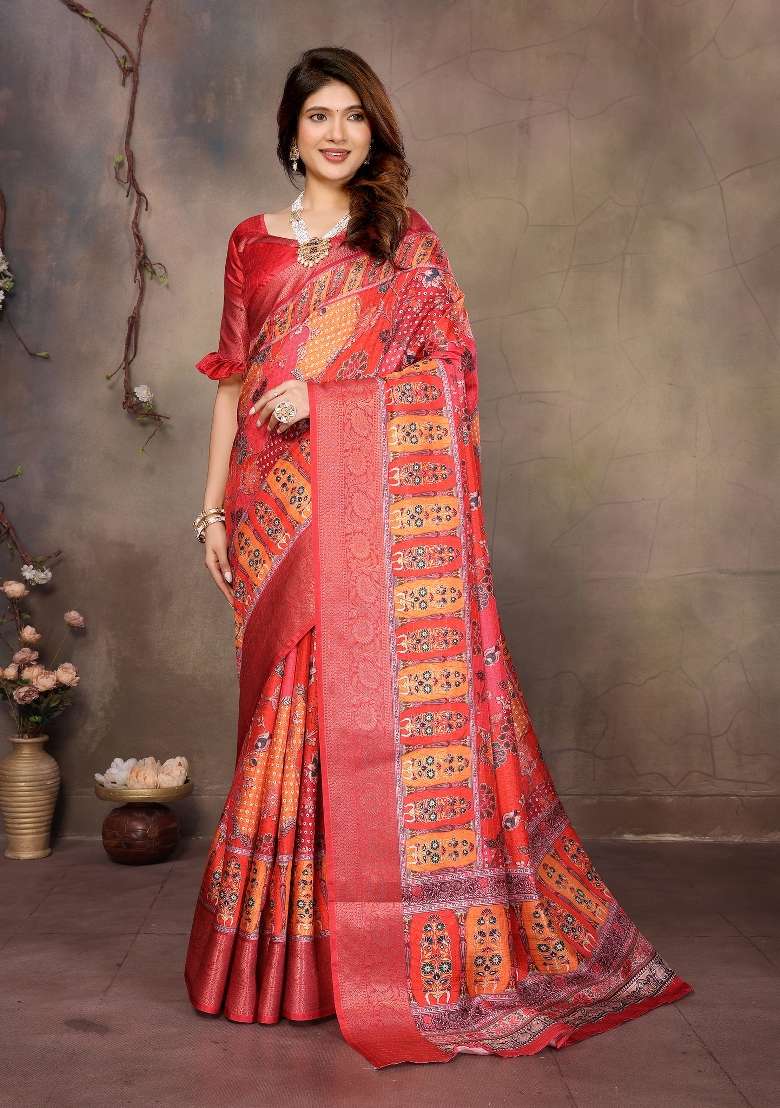 Red Digital Print Dola Saree Set - Indya