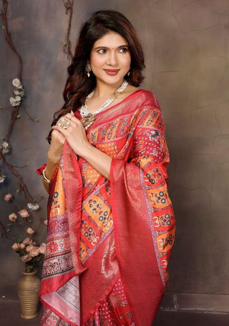 Red Digital Print Dola Saree Set - Indya