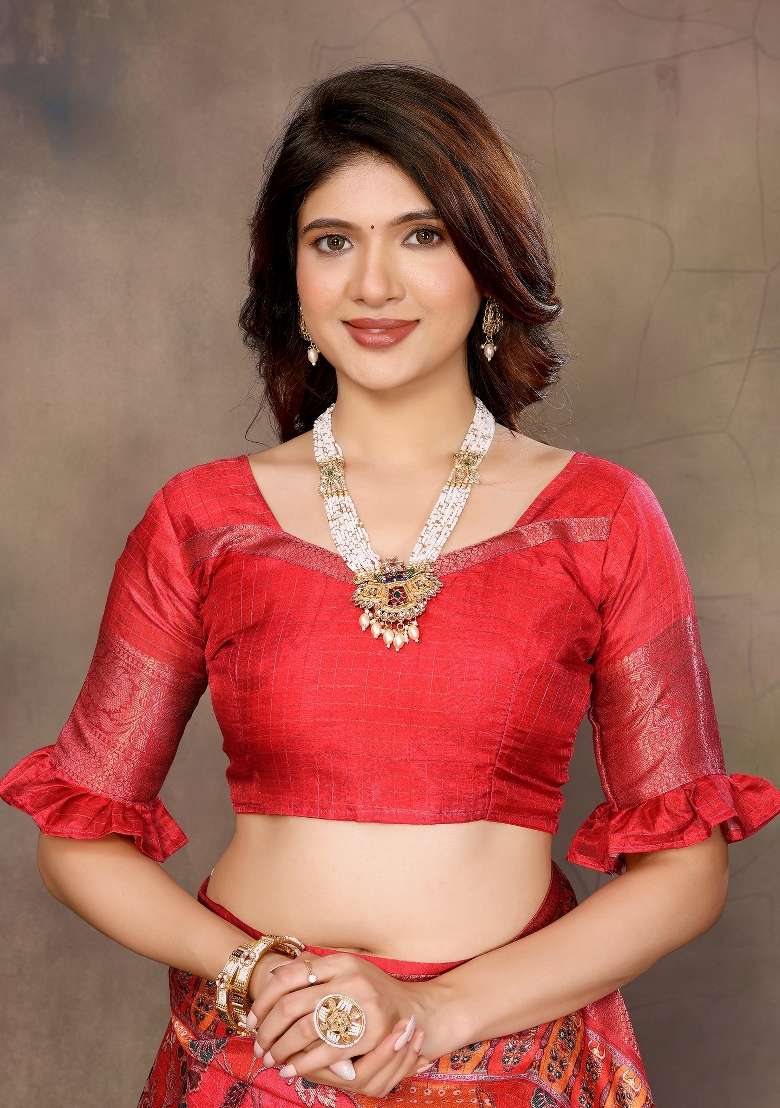Red Digital Print Dola Saree Set - Indya