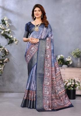 Blue Digital Print Dola Saree Set