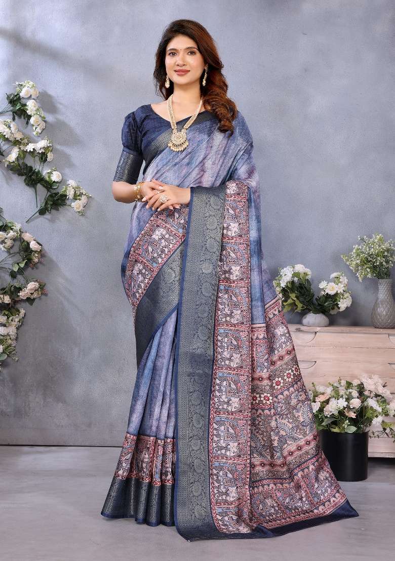 Blue Digital Print Dola Saree Set - Indya