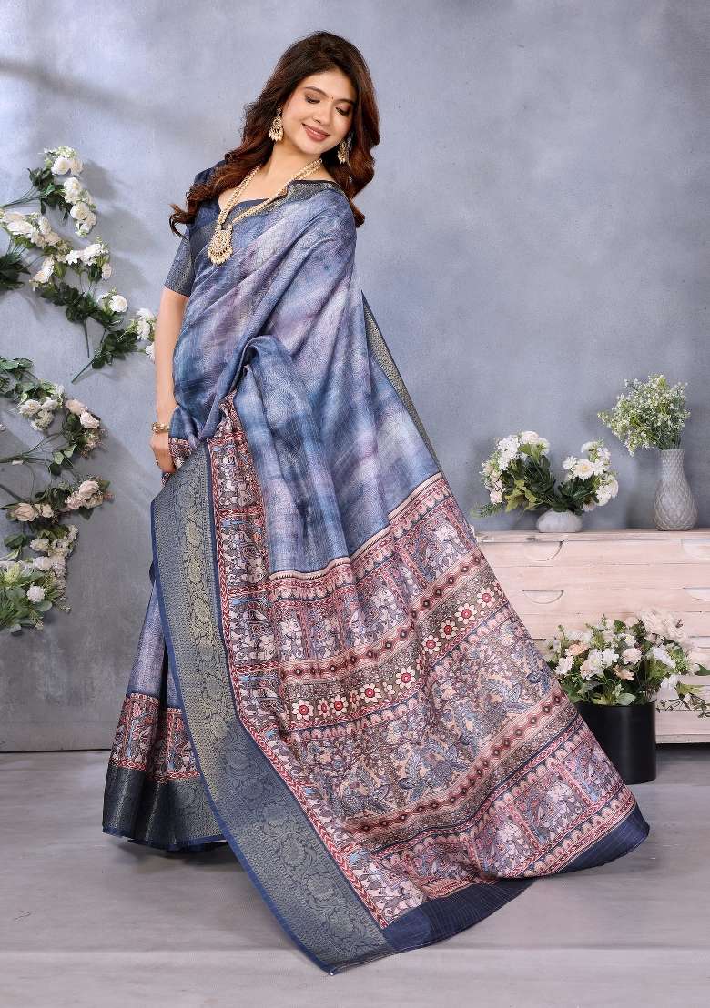 Blue Digital Print Dola Saree Set - Indya