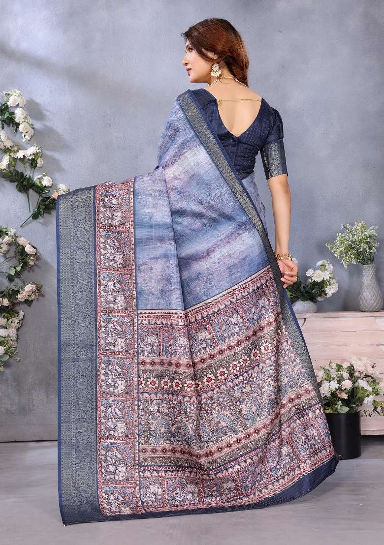 Blue Digital Print Dola Saree Set - Indya