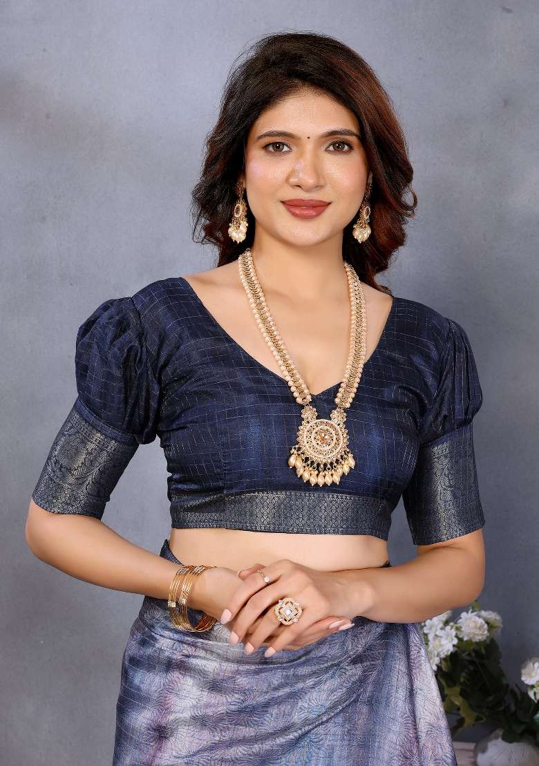 Blue Digital Print Dola Saree Set - Indya