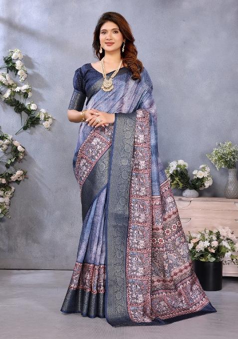 Blue Digital Print Dola Saree Set