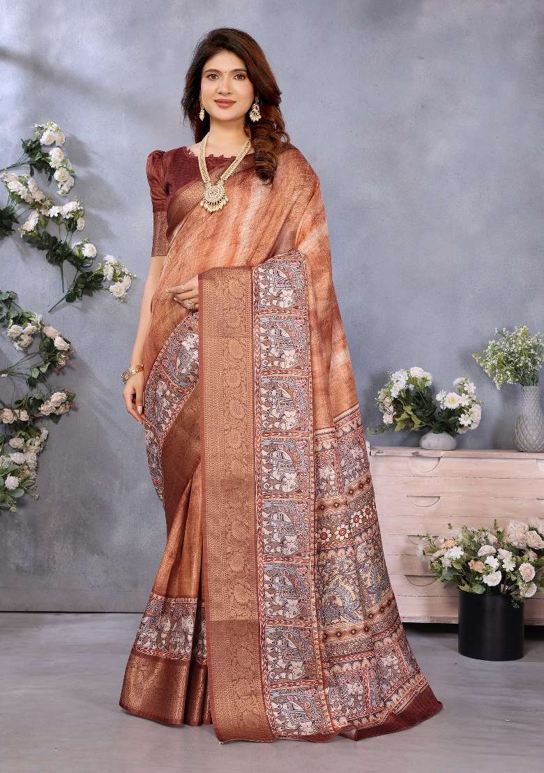 Brown Digital Print Dola Saree Set - Indya