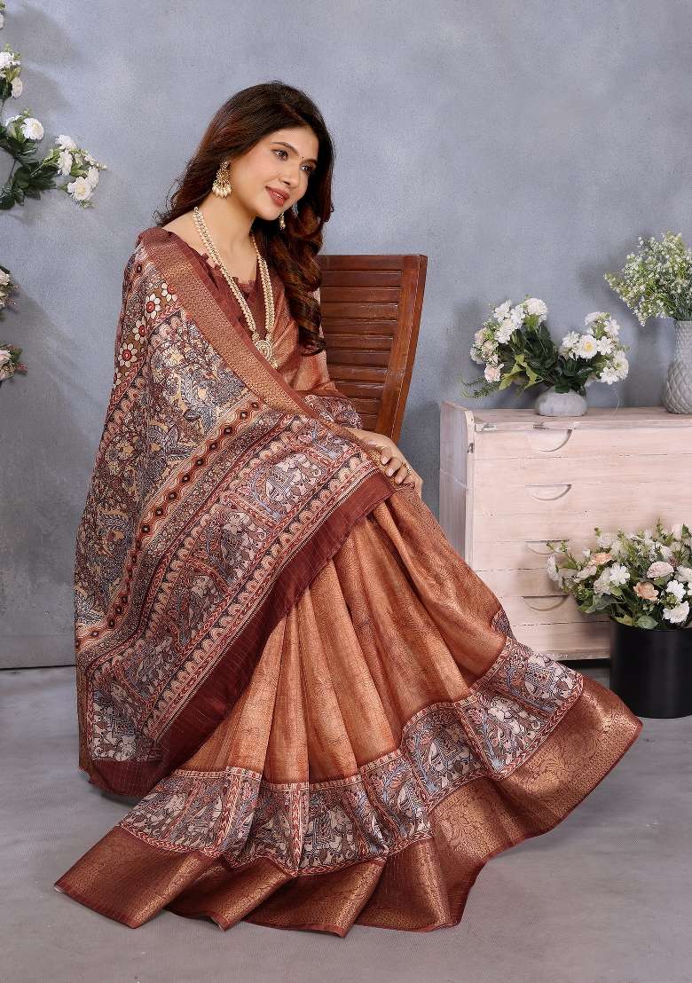 Brown Digital Print Dola Saree Set - Indya