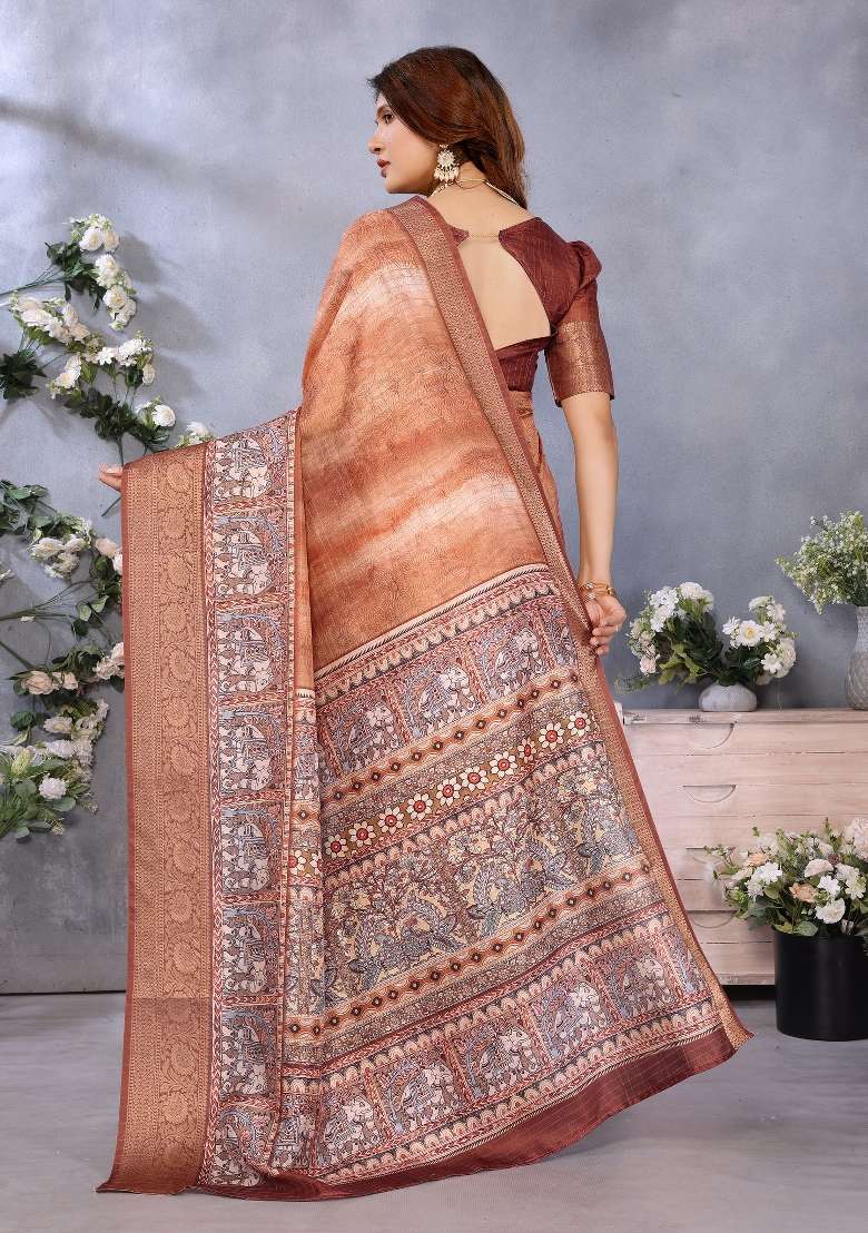 Brown Digital Print Dola Saree Set - Indya