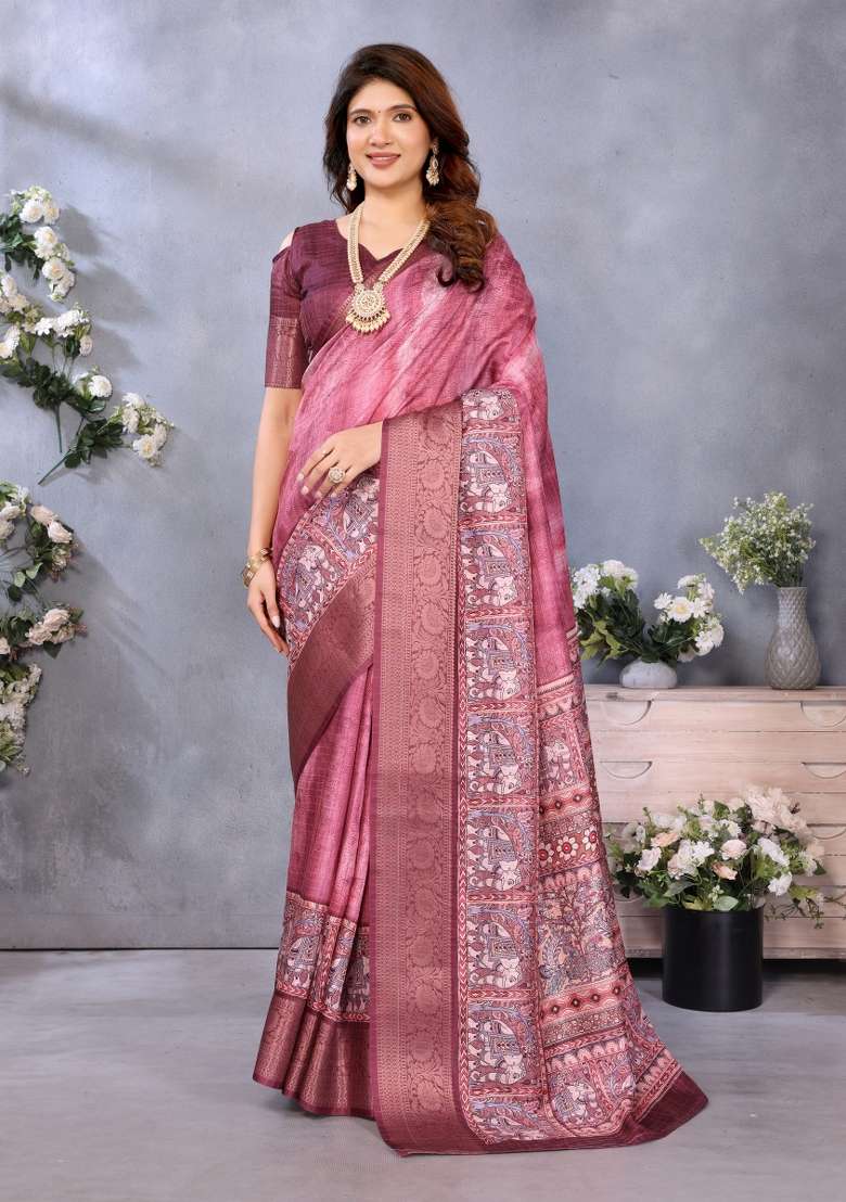 Maroon Digital Print Dola Saree Set - Indya