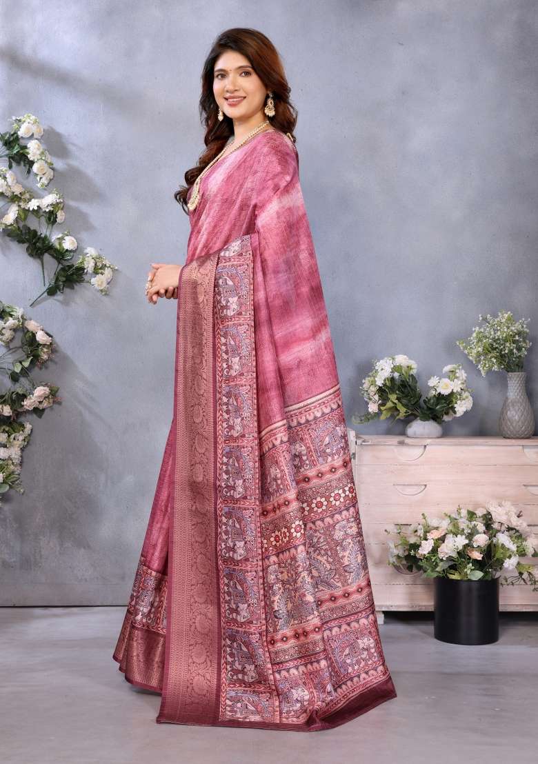 Maroon Digital Print Dola Saree Set - Indya