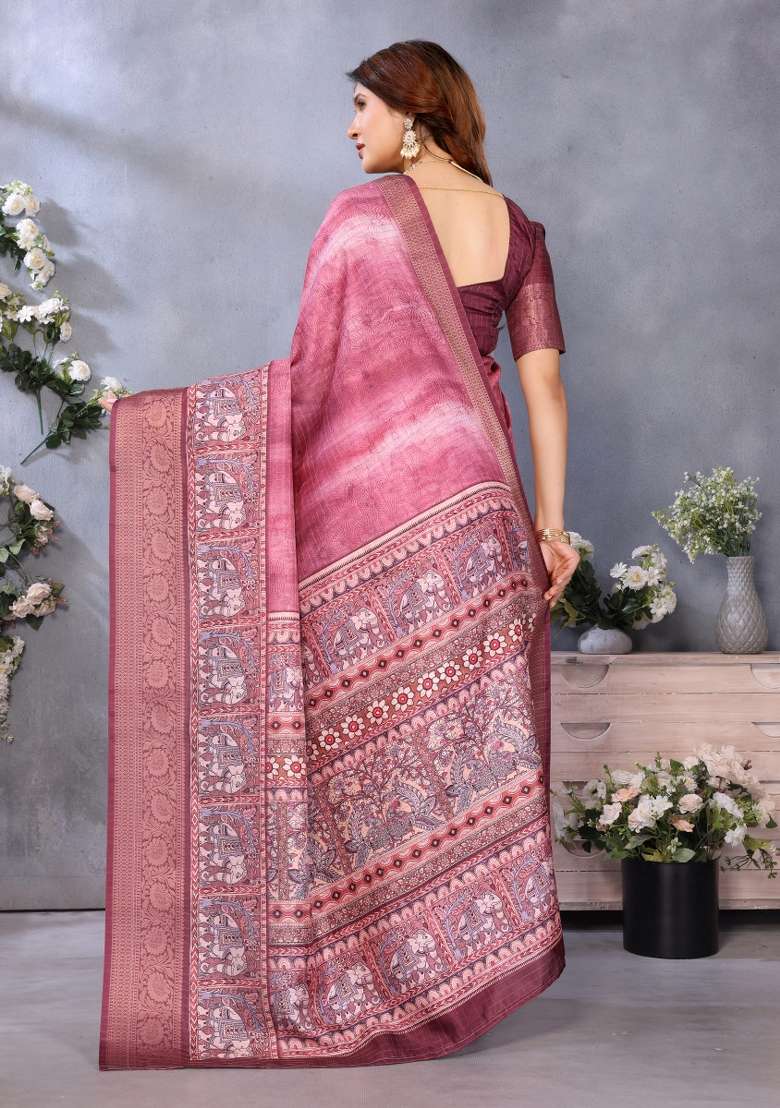 Maroon Digital Print Dola Saree Set - Indya