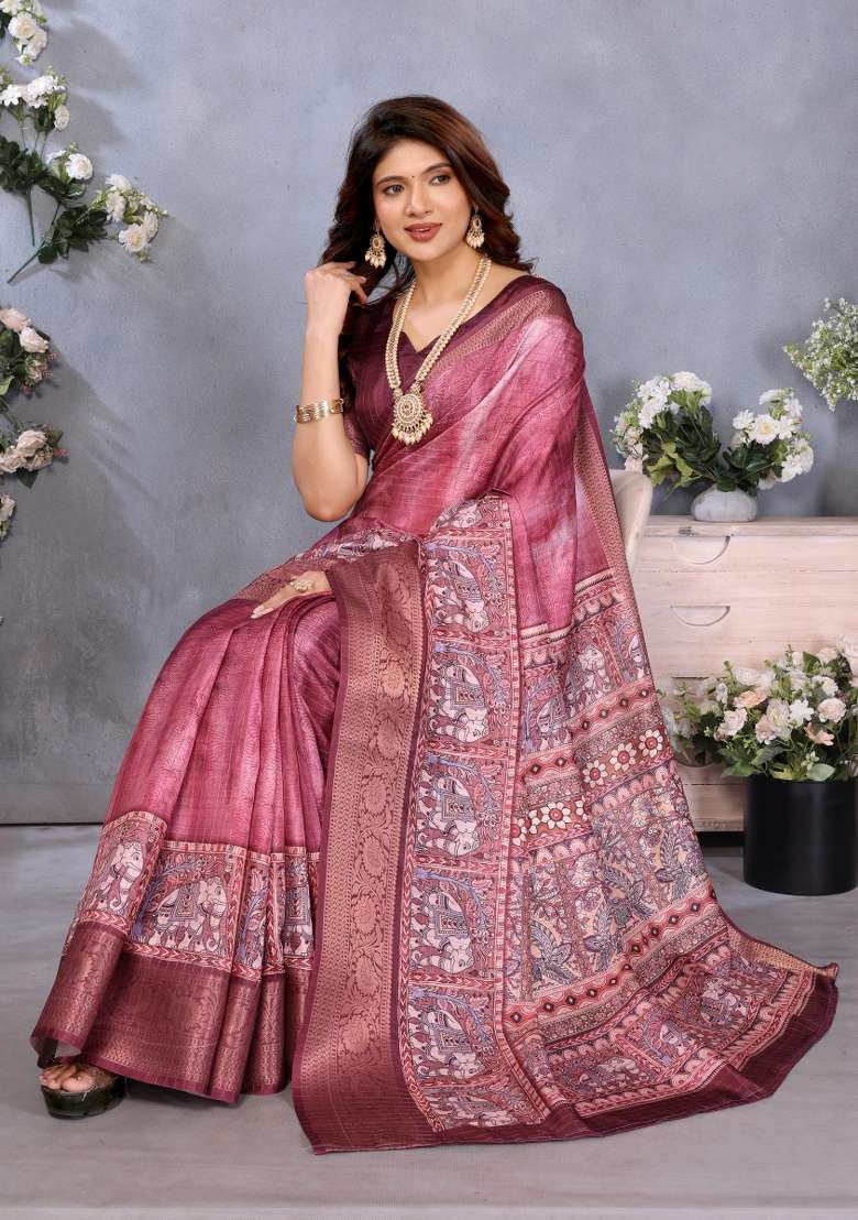 Maroon Digital Print Dola Saree Set - Indya