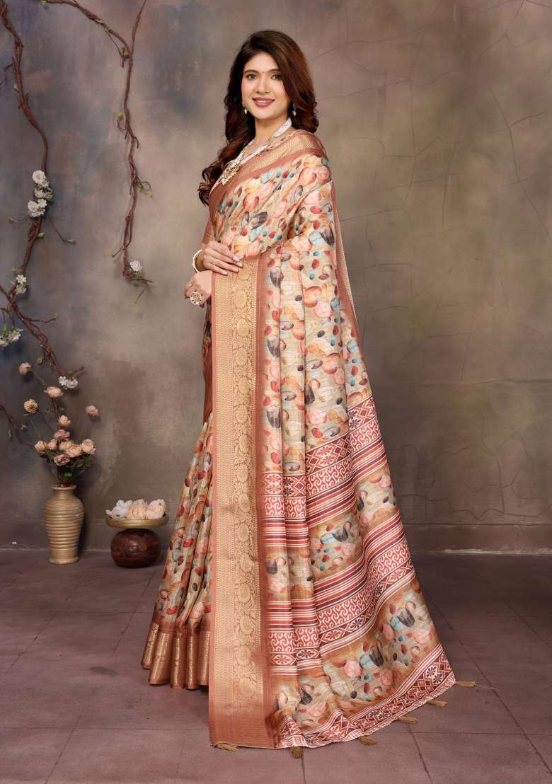 Cream Digital Print Dola Saree Set - Indya