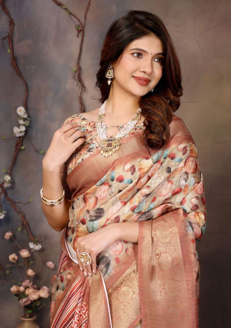 Cream Digital Print Dola Saree Set - Indya