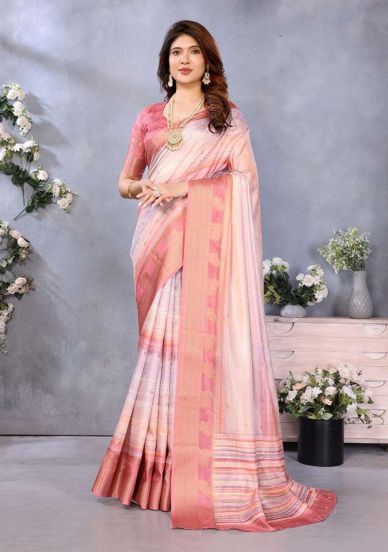 Pink Digital Print Dola Saree Set - Indya