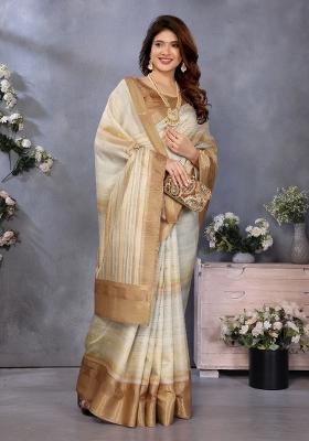 Cream Digital Print Dola Saree Set