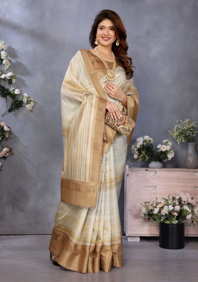 Cream Digital Print Dola Saree Set - Indya